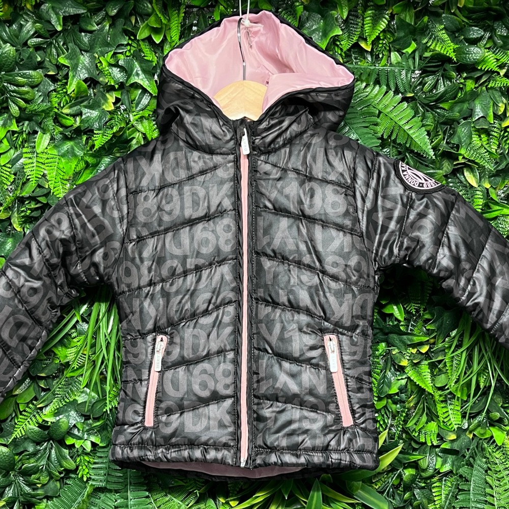 DKNY Kids Jacket Girls Size 3T Black Puffer Pink Accents Logo Print 3304 - Picture 2 of 9